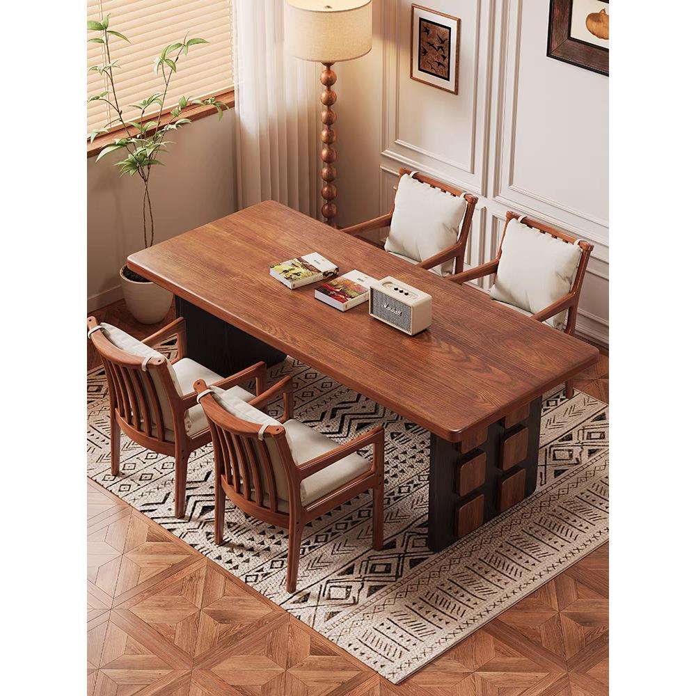 法式复古实木餐桌椅组合意式极简工作台家用客厅长桌中古风大书桌