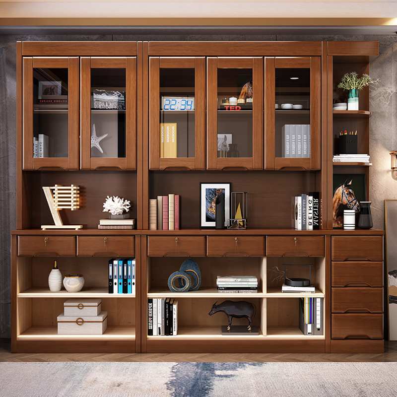 实木书柜书架落地客厅带玻璃门带锁边柜角柜两门三门置物架展示柜