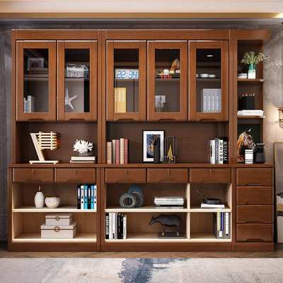 实木书柜书架落地客厅带玻璃门带锁边柜角柜两门三门置物架展示柜