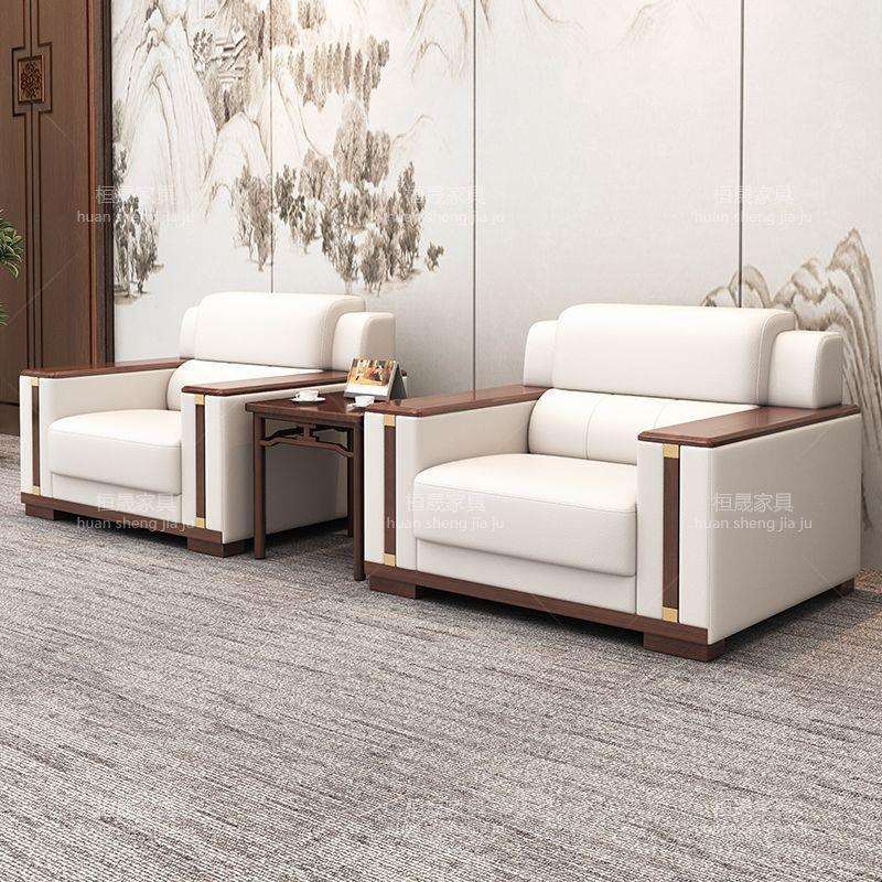 接待室沙发办公室会客区商务现代简约白色会议厅沙发中式茶几组合