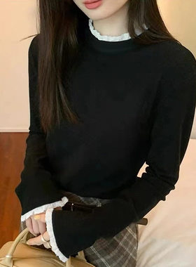 花边拼接半高领打底衫女秋冬双面磨毛修身设计感内搭ak