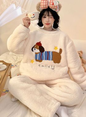 睡衣女甜美长毛绒长袖长裤2026红色加绒加厚家居服女套装ak