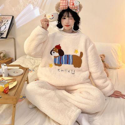 睡衣女甜美长毛绒长袖长裤2026红色加绒加厚家居服女套装ak