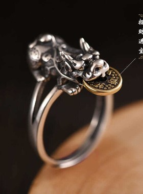925银a可转动貔貅戒指环男女招财转运铜钱复古风个性活口调节百搭