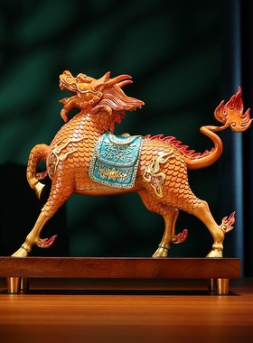 黄铜《麒麟献瑞》摆件一对国潮火焰麒麟家居办公室装Y饰品开业礼