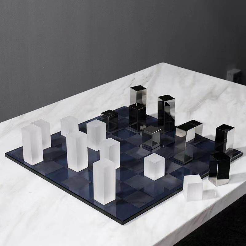 现代简约创意磨砂电镀水晶棋盘轻奢软装饰品摆件客厅售楼处摆设