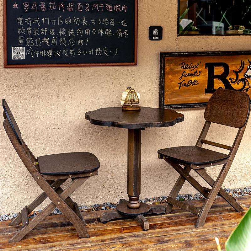复古实木方桌圆桌子折叠靠背椅客厅阳台小户型家用餐桌咖啡桌茶几