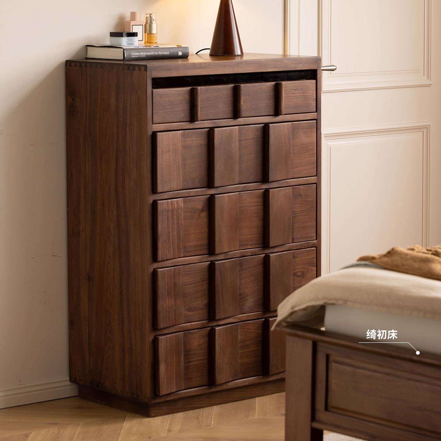 北美黑胡桃木五斗柜中古风客厅抽屉立柜卧室靠墙全实木收纳置物柜