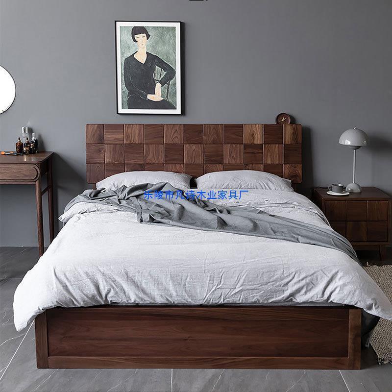 北欧轻奢黑胡桃原木实木床高箱气压储物床双人床1.8米2米现代简约