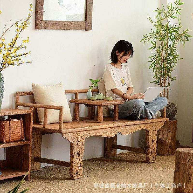 新中式老榆木罗汉床民宿禅意实木沙发床家用风化榆木客厅罗汉榻