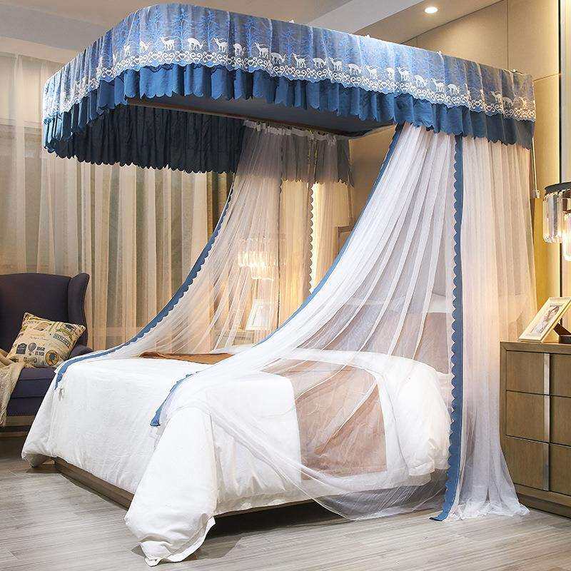 厂家直销u型轨道导轨蚊帐三开门落地式公主风防尘纹帐床幔加密