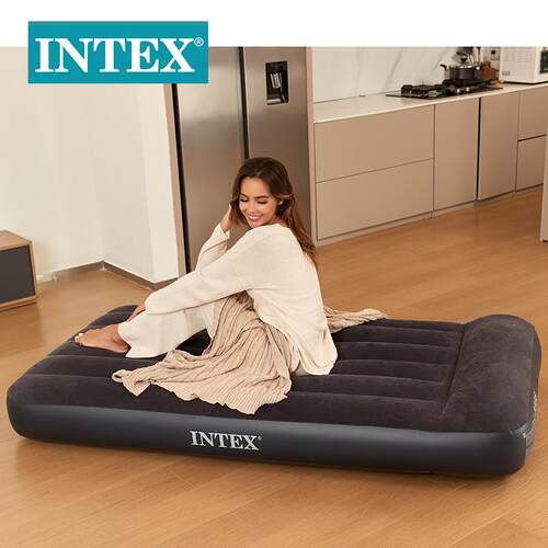 INTEX64141黑白内置枕头单层单人线拉空气床植绒户外野营充气床垫