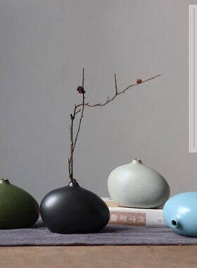 粗陶花瓶小复古摆件口径花瓶大肚子罐口小幼矮精致花低矮花瓶花瓶