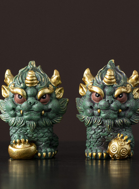 新中式国风青砂石麒麟摆s件一对家居桌面茶桌装饰品工艺品造景摆