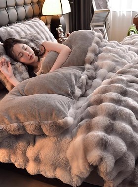 渐变色兔兔毛绒四件m套牛奶珊瑚绒床单被套冬季新款法兰绒床上用