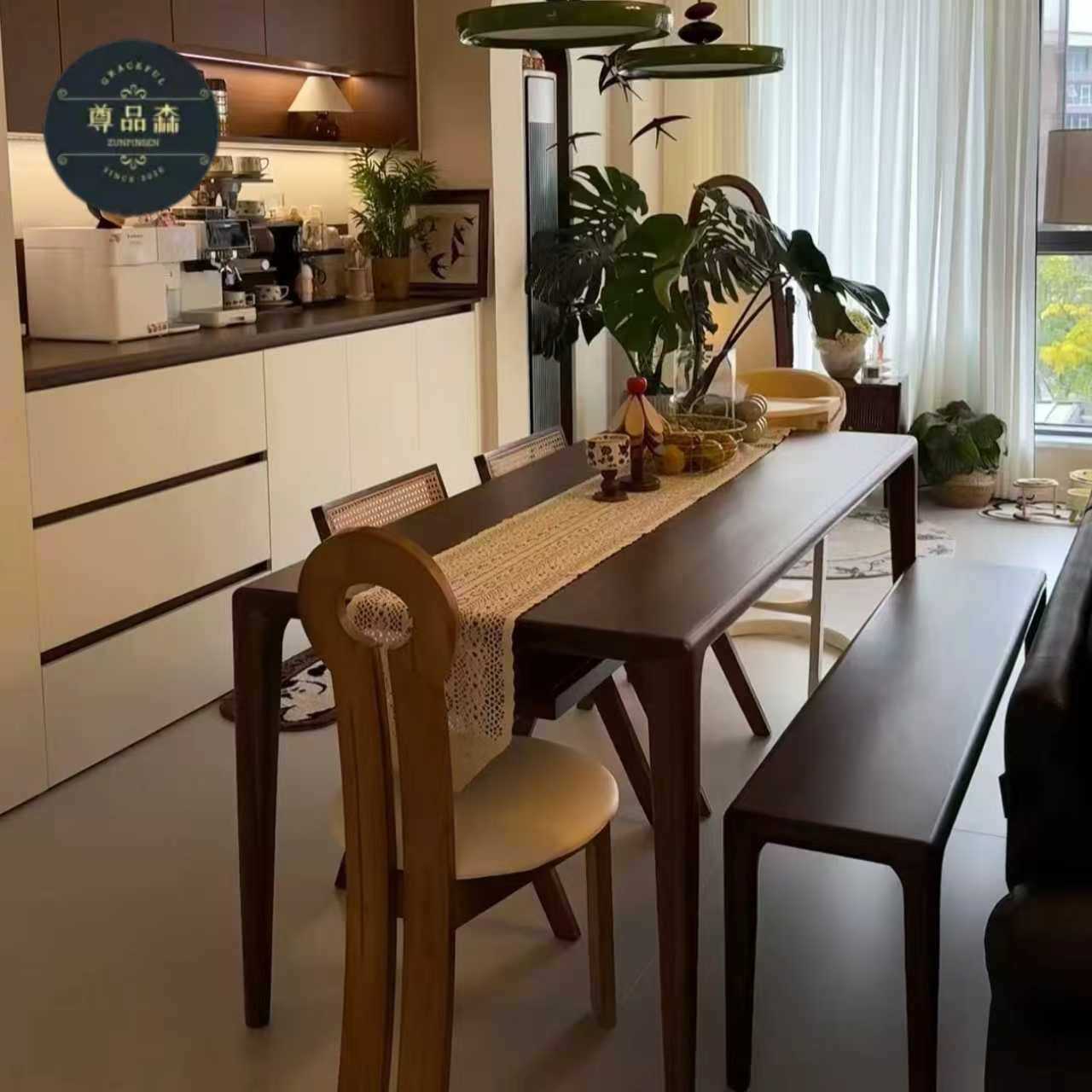 中古风全实木餐桌横厅沙发后长条桌大桌子南美胡桃木餐桌椅组