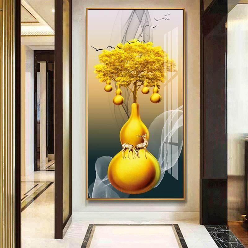 现代玄关装饰画样板房酒店装修五福葫芦进门墙壁画客厅入户过道走