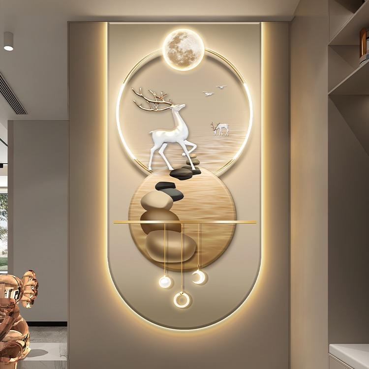 轻奢寓意好玄关装饰画麋鹿走廊过道发光挂画石来运转入户带灯壁画