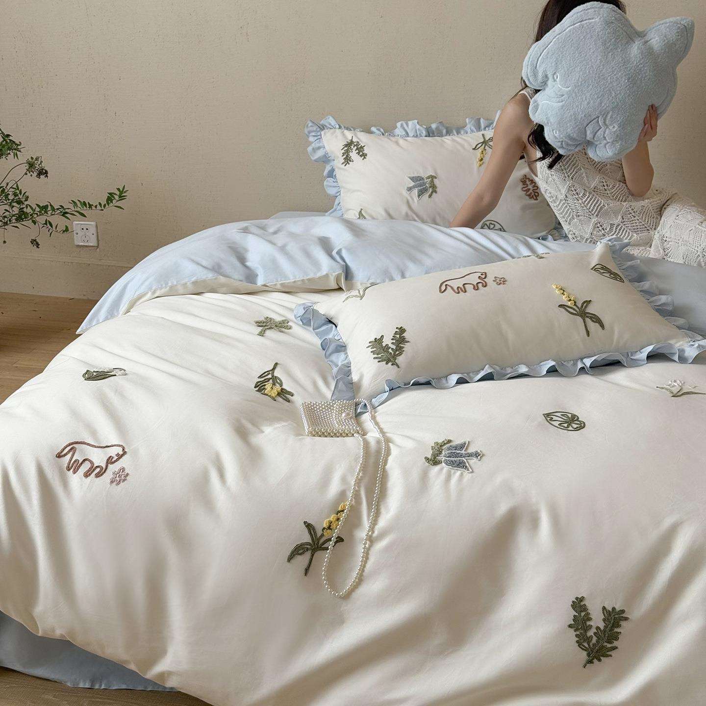 秋冬软糯100支长绒棉磨毛四件套少女心纯棉刺绣床单被套加厚4件套