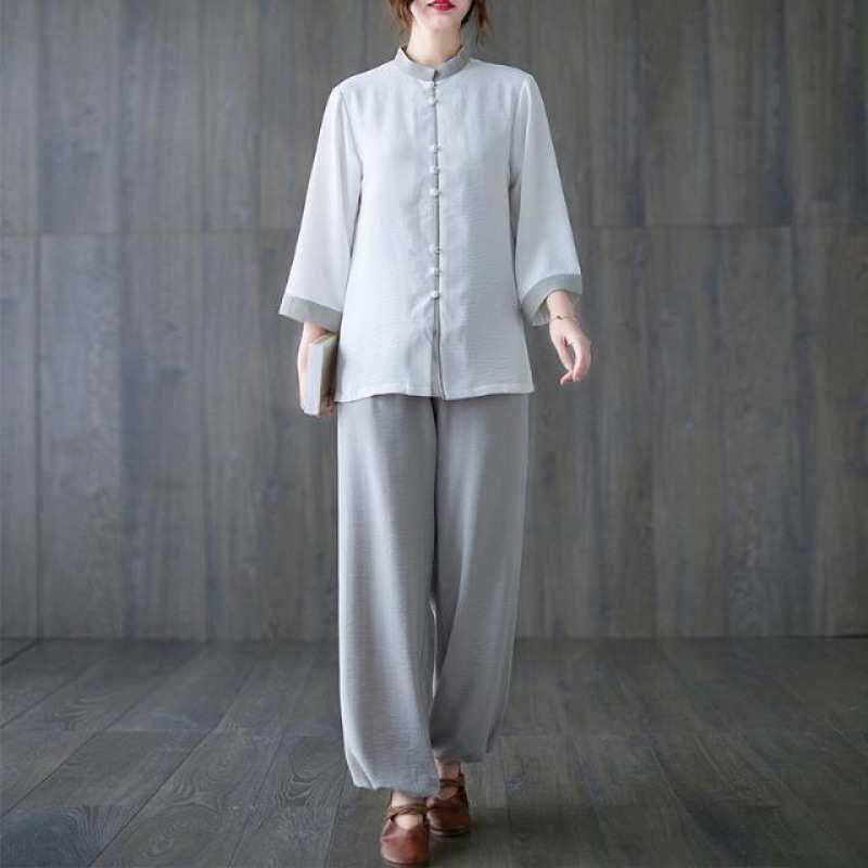 中国风太极服男女棉麻武术表演练功服中袖工作服茶服套装两件套