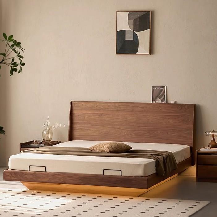 北美黑胡桃全实木悬浮箱体床离地卧室中古1米8双人储物简约气压床