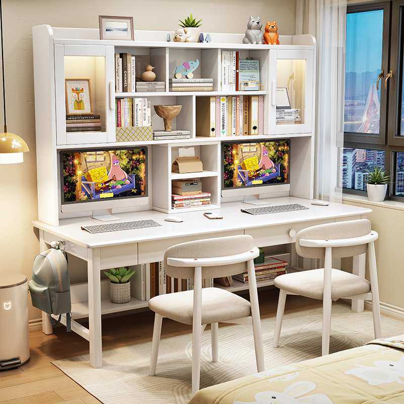 双人电脑桌实木书桌书柜组合学习桌家用中小学生写字桌椅