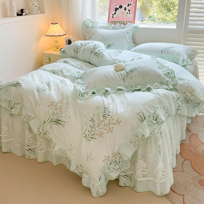 新款韩版纯棉全棉床裙四件套蕾丝花边床罩床单被套四季通用三件套