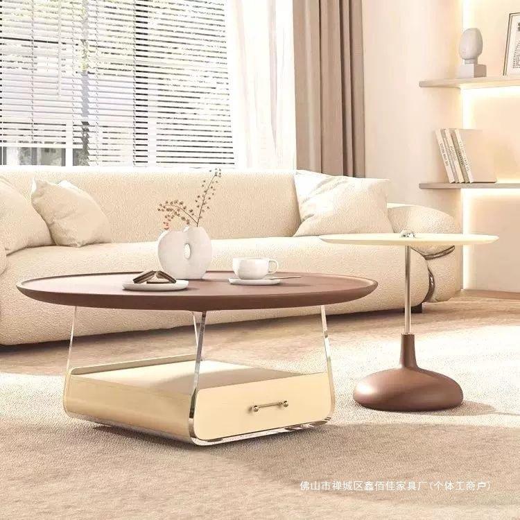 奶油复古新款茶几法式家用简约客厅现代亚克力圆形小户型组合网红