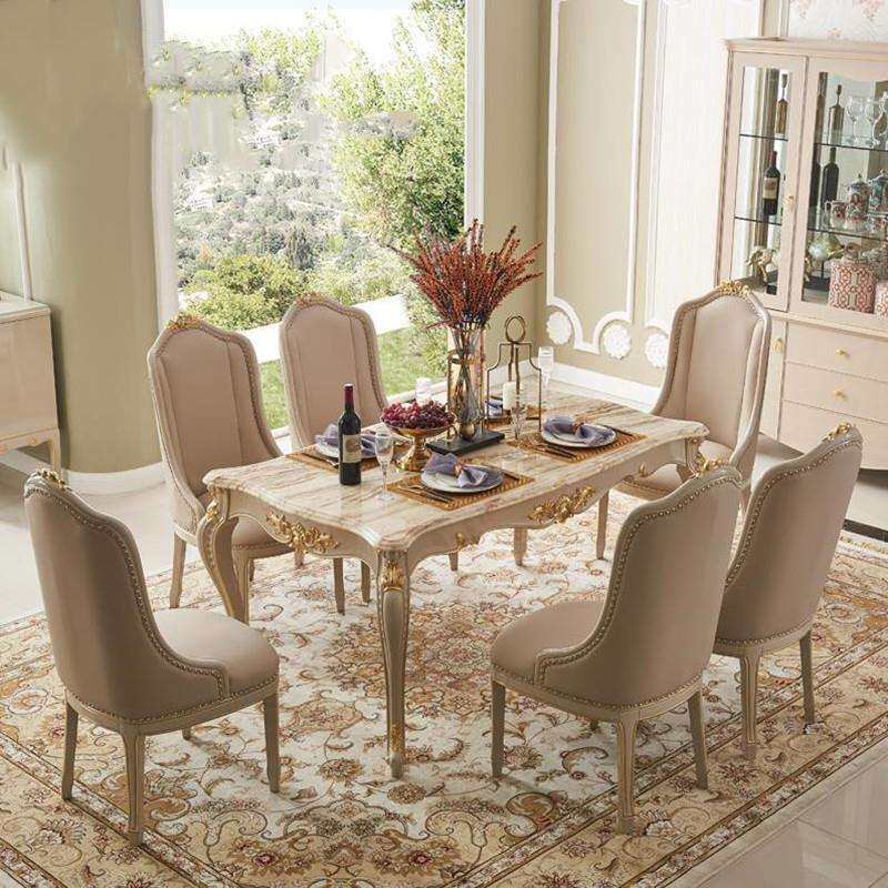 欧式木大理石餐桌 美式小户型6人香槟色餐桌椅组合整装家具