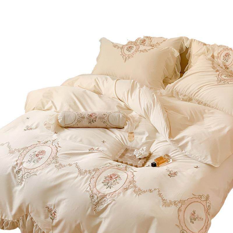 高档轻奢刺绣120支澳棉四件套纯棉透气亲肤被套全棉宫廷风床品