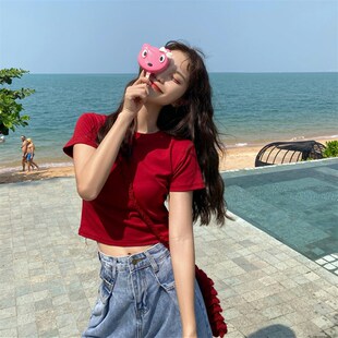 暗红糖果露腰纯色半袖 酒红色短袖 净版 高腰露脐修身 上衣 t恤女短款