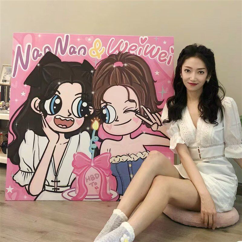 星蝶公主装饰画手绘定制卡通情侣照片打印卧室挂画闺蜜订新婚礼物图片
