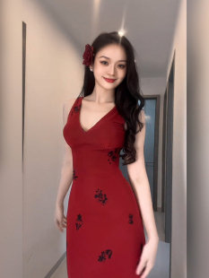 胖mm法式 气质收腰度假包臀长裙 复古御姐风v领印花连衣裙女夏修身