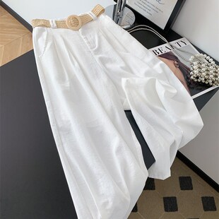小个子垂感显瘦网红穿搭休闲亚麻长裤 女夏薄款 阔腿裤 白色棉麻西装