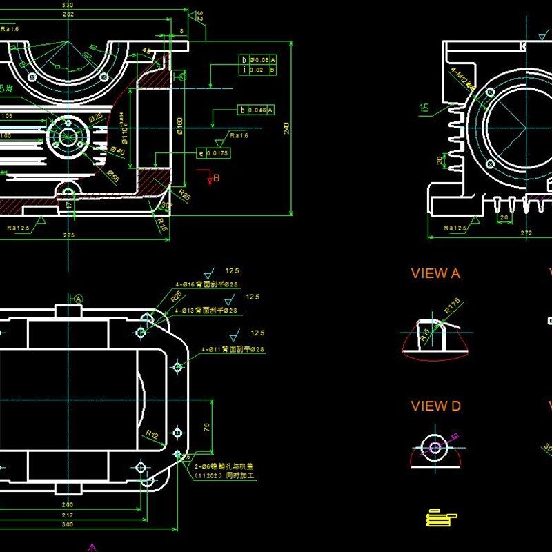 涡轮蜗杆减速机机体零件机械加工工艺2D图机械CAD素材