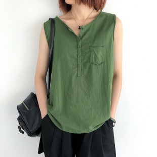 圆领宽松工字吊带背心内搭外穿休闲上衣潮 新款 无袖 T恤女麻棉夏装