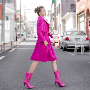 韩版宽松呢大衣女中长款2024年新款秋冬日系赫本呢子玫红色长外套