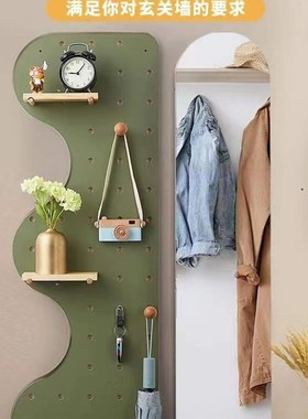 定制入户玄关实木绿色洞洞板隔板木质客H厅展示装饰收纳挂墙置物