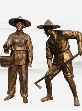 铸铜人物雕塑玻璃钢农耕黄牛拉犁摆件耕种K收稻谷大型铜人雕像景