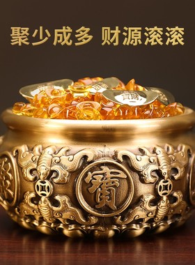 纯铜聚宝盆招财摆件家用中式客厅玄关装饰品工艺品X大号铜缸黄铜