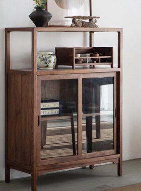 储物黑胡桃木美北新中式实木餐边柜收纳餐厅置物架九间茶室房边柜