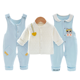 男女宝宝c冬款棉衣新生儿童纯棉三件套马甲式双背带保暖秋冬薄棉