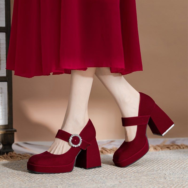 红色绒面防水台高跟鞋女粗跟法式婚鞋新娘鞋2025春季新款方头单鞋,女鞋,玛丽珍鞋,淘宝优惠券,粉丝福利购,淘宝优惠卷