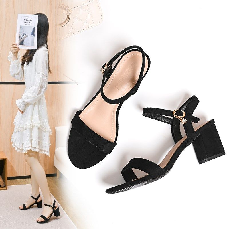 凉鞋女粗跟2025年新款夏季仙女风配裙中跟女鞋黑色一字扣带高跟鞋,女鞋,一字带凉鞋,淘宝优惠券,粉丝福利购,淘宝优惠卷