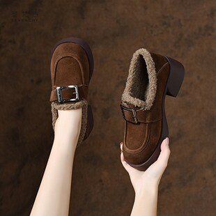 2024新款秋冬季女鞋厚底加绒毛毛鞋粗跟深口P单鞋乐福鞋磨砂小皮