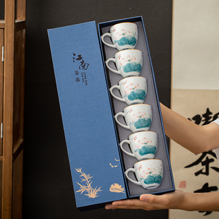 家用釉下彩陶瓷泡茶杯功夫茶具z手绘小茶杯防烫带把茶盏6杯礼盒装
