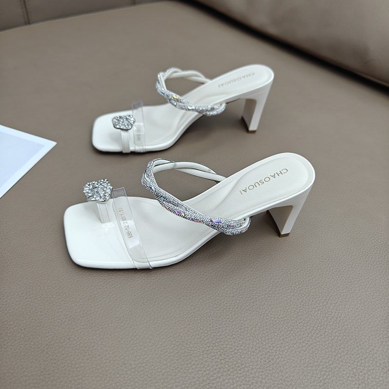 法式一脚蹬套趾凉拖鞋女外穿2025夏季网红银色水钻粗跟高跟凉托鞋,女鞋,一字拖,淘宝优惠券,粉丝福利购,淘宝优惠卷