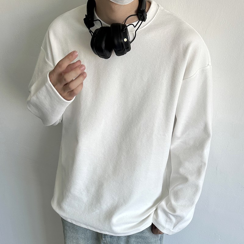 320g重磅白色圆领口袋长袖T恤男2024春秋季日系简约基础情侣拼接