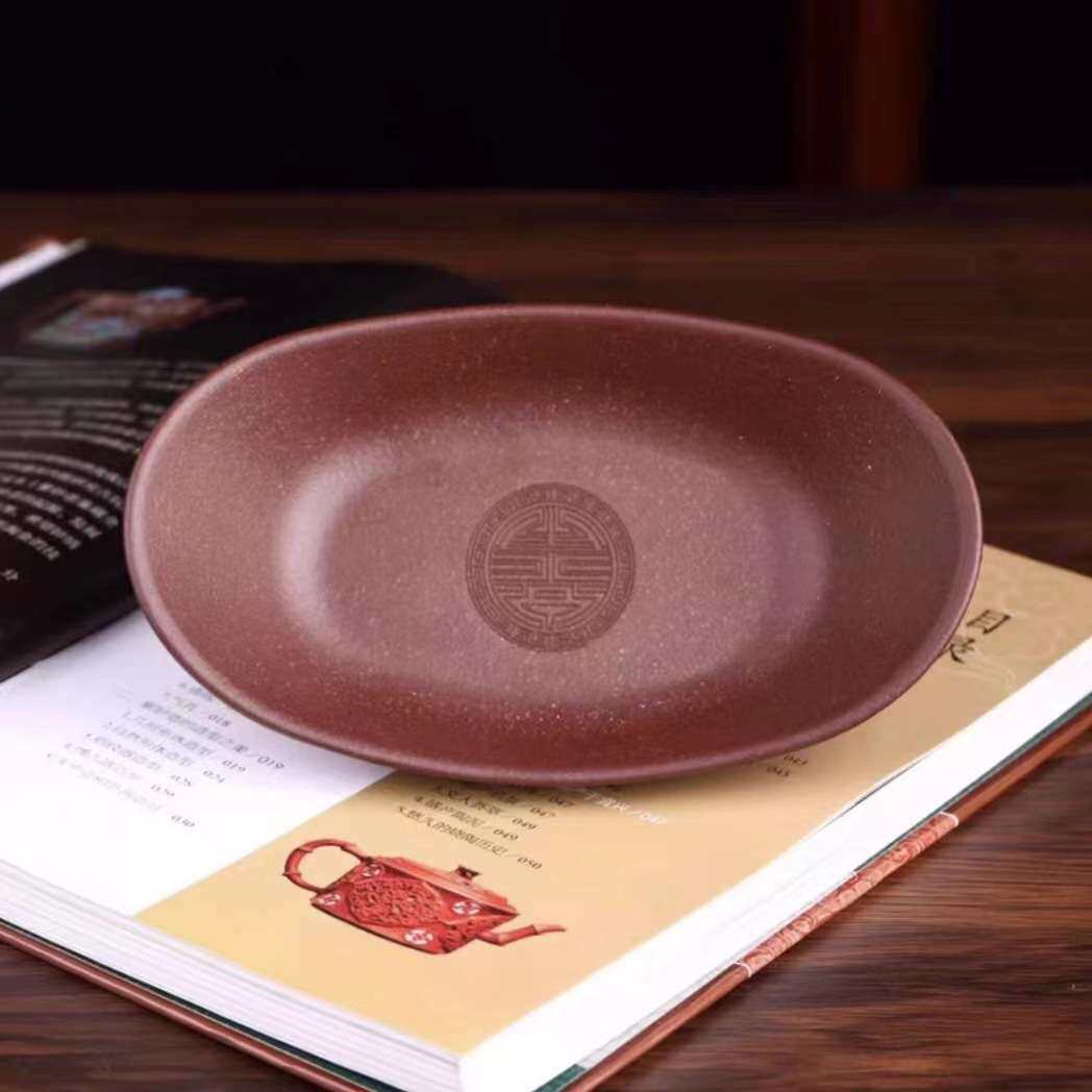 宜兴原矿紫砂全手工元宝果盘紫泥复古水果盘 壶承紫玉金砂