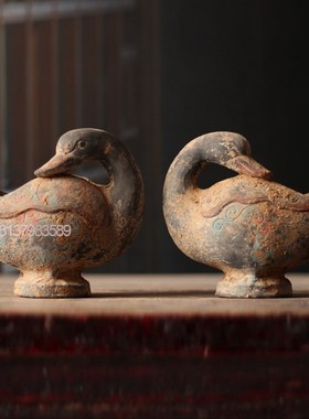 鸳鸯摆件仿古陶器动物画彩鸳鸯中式家居博L古架工艺品老件收藏复